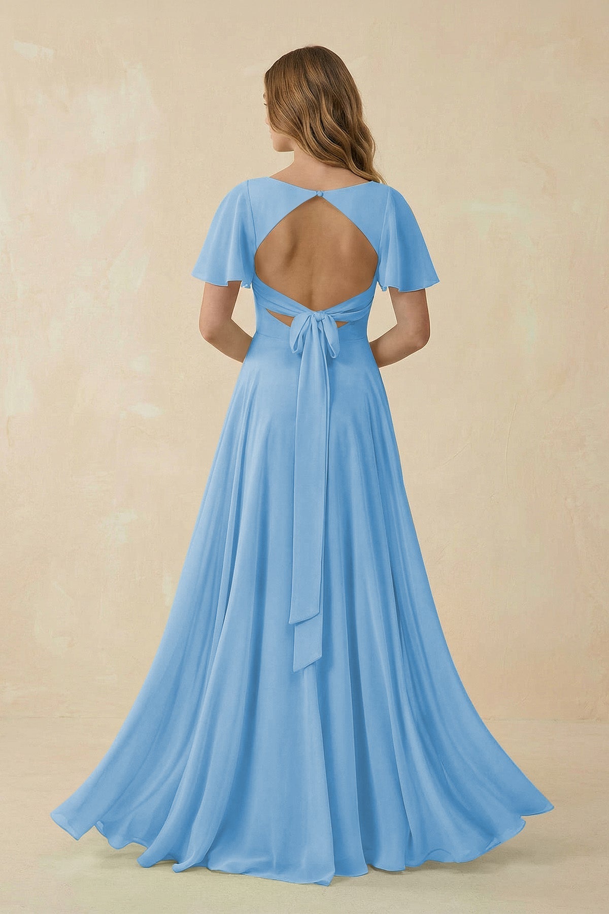Flutter Sleeve V - Neck Chiffon A - Line Bridesmaid Dress in Steel Blue - SHE IS ME Bridesmaid Dresses