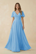 Flutter Sleeve V - Neck Chiffon A - Line Bridesmaid Dress in Steel Blue - SHE IS ME Bridesmaid Dresses