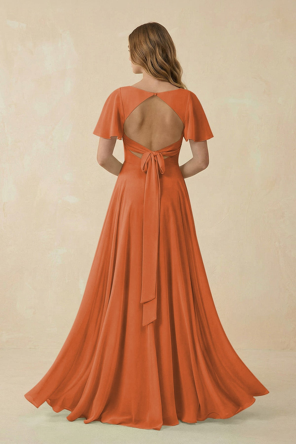 Flutter Sleeve V - Neck Chiffon A - Line Bridesmaid Dress in Terracotta - SHE IS ME Bridesmaid Dresses