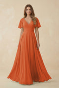 Flutter Sleeve V - Neck Chiffon A - Line Bridesmaid Dress in Terracotta - SHE IS ME Bridesmaid Dresses
