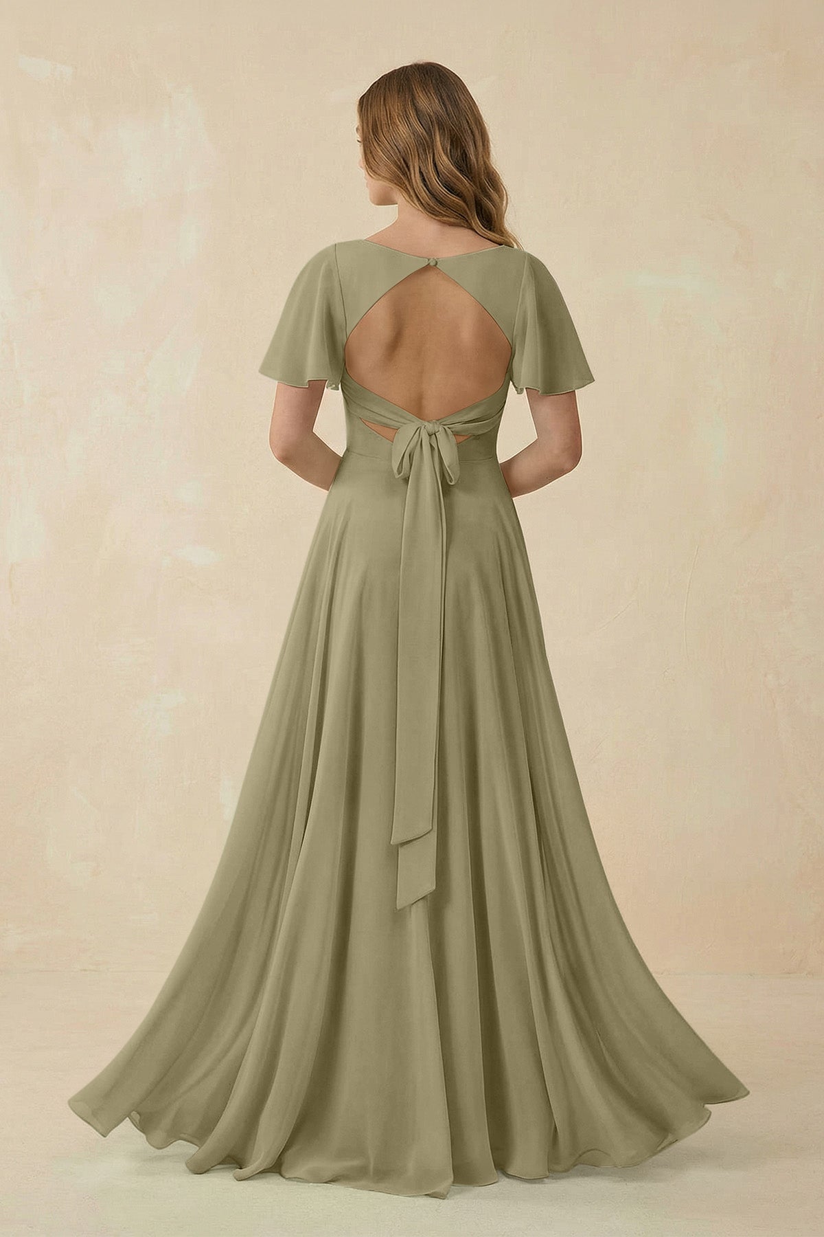 Flutter Sleeve V - Neck Chiffon A - Line Bridesmaid Dress in Thyme - SHE IS ME Bridesmaid Dresses