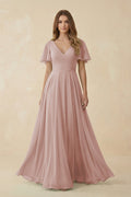 Flutter Sleeve V - Neck Chiffon A - Line Bridesmaid Dress in Toffee - SHE IS ME Bridesmaid Dresses