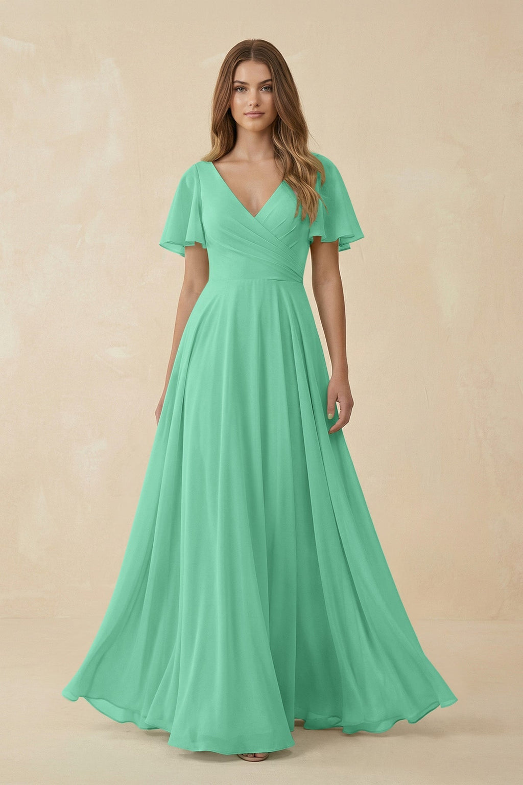 Flutter Sleeve V - Neck Chiffon A - Line Bridesmaid Dress in Turquoise - SHE IS ME Bridesmaid Dresses
