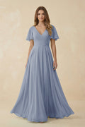 Flutter Sleeve V - Neck Chiffon A - Line Bridesmaid Dress in Twilight - SHE IS ME Bridesmaid Dresses