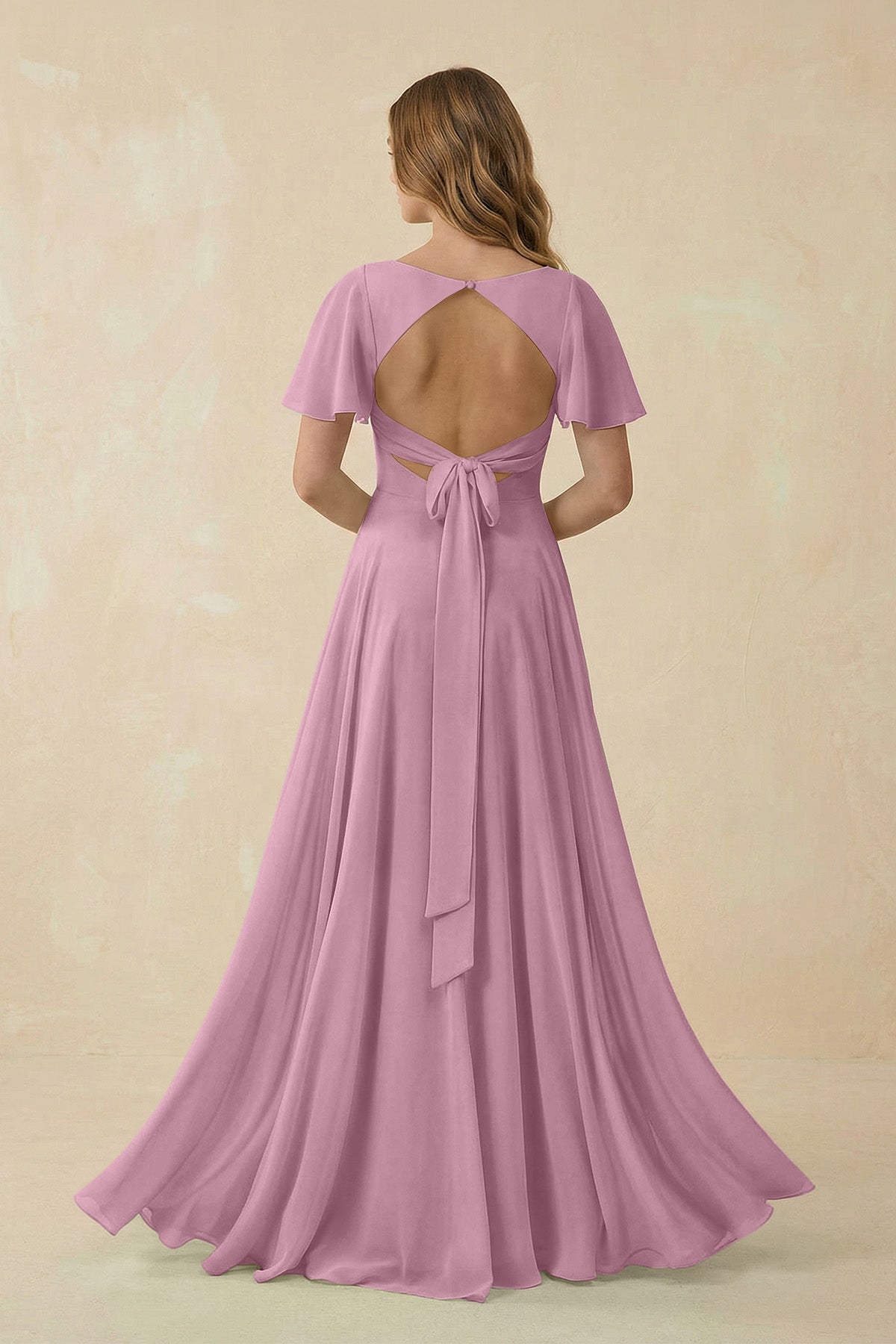 Flutter Sleeve V - Neck Chiffon A - Line Bridesmaid Dress in Vintage Mauve - SHE IS ME Bridesmaid Dresses