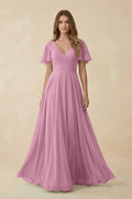 Flutter Sleeve V - Neck Chiffon A - Line Bridesmaid Dress in Vintage Mauve - SHE IS ME Bridesmaid Dresses
