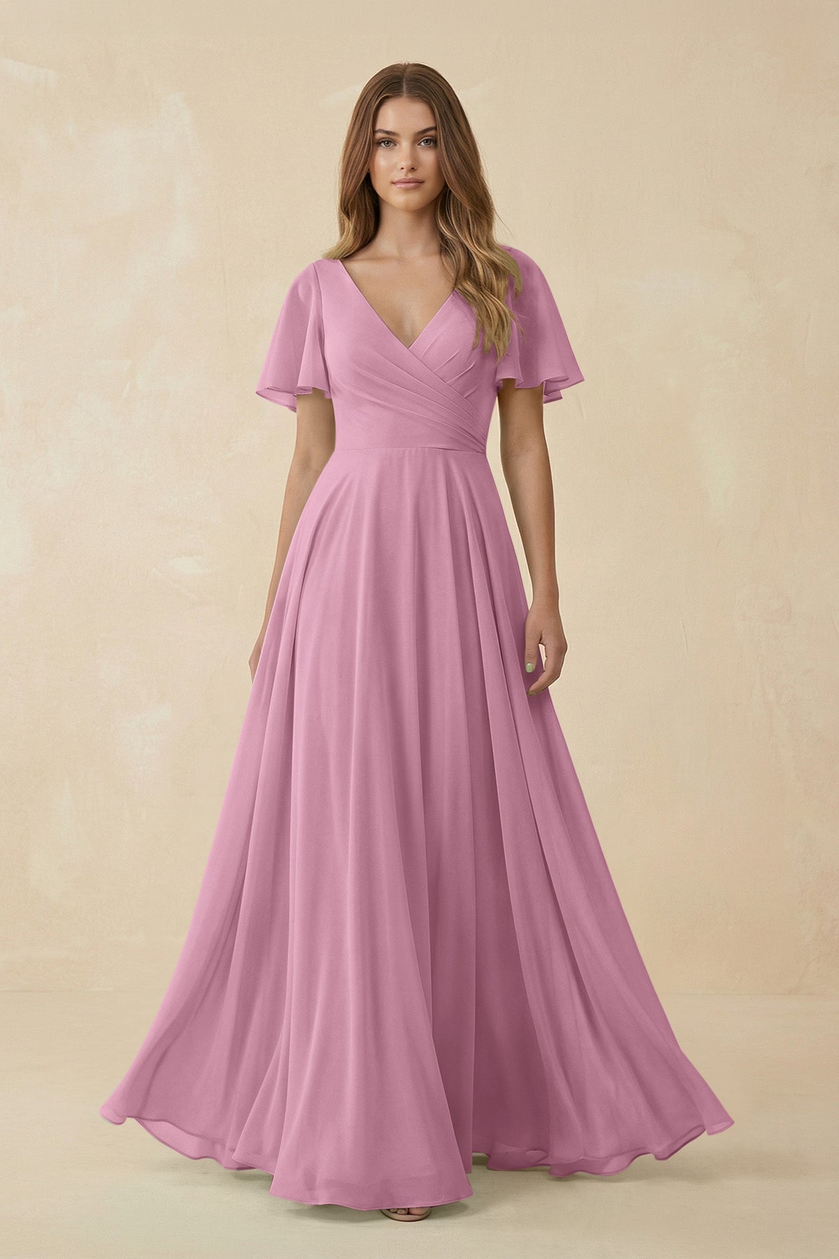 Flutter Sleeve V - Neck Chiffon A - Line Bridesmaid Dress in Vintage Mauve - SHE IS ME Bridesmaid Dresses
