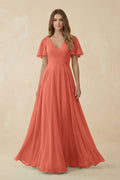 Flutter Sleeve V - Neck Chiffon A - Line Bridesmaid Dress in Wild Rose - SHE IS ME Bridesmaid Dresses