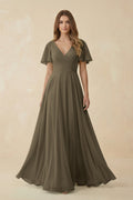 Flutter Sleeve V - Neck Chiffon A - Line Bridesmaid Dress in Willow Green - SHE IS ME Bridesmaid Dresses