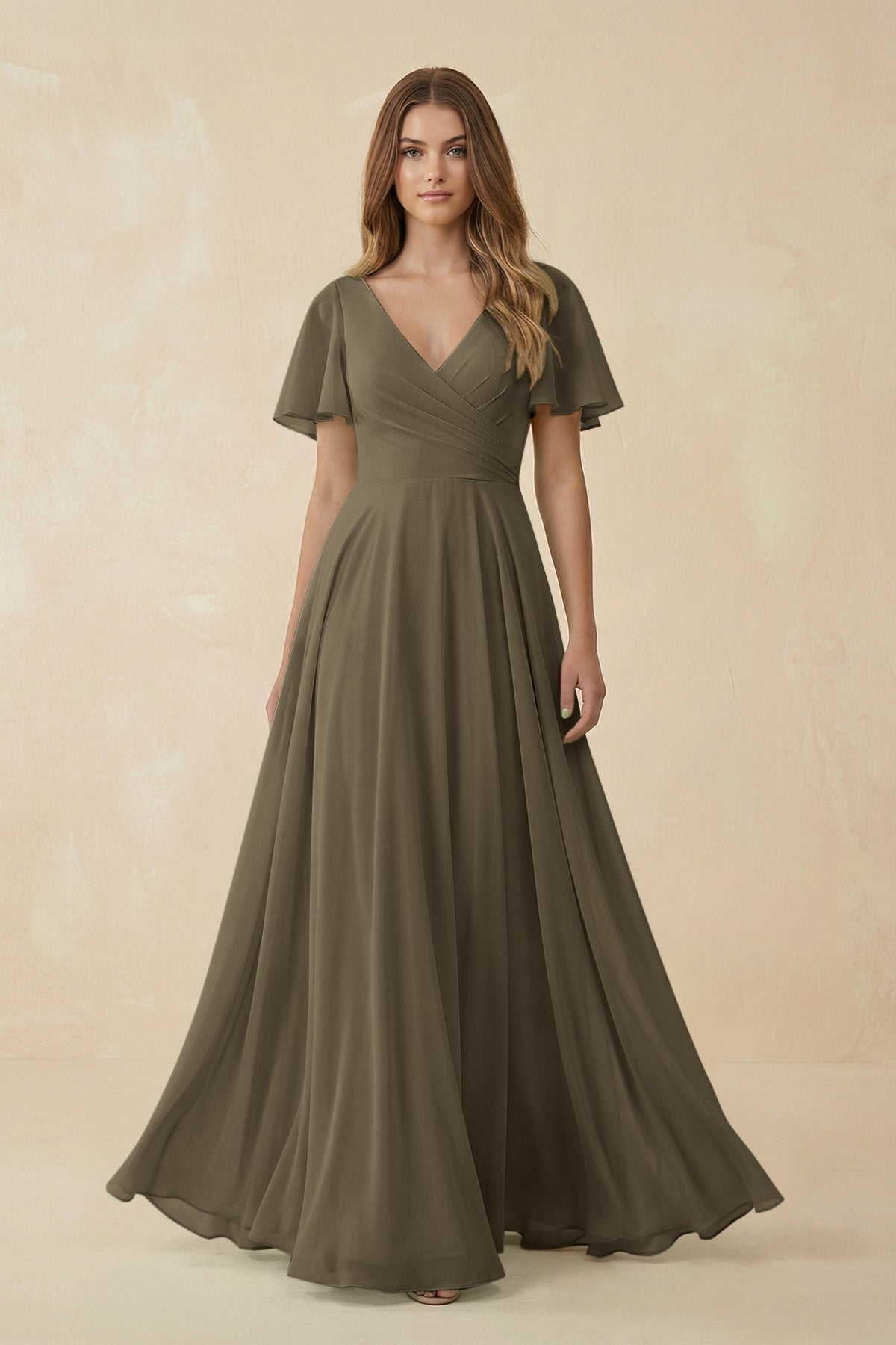 Flutter Sleeve V - Neck Chiffon A - Line Bridesmaid Dress in Willow Green - SHE IS ME Bridesmaid Dresses