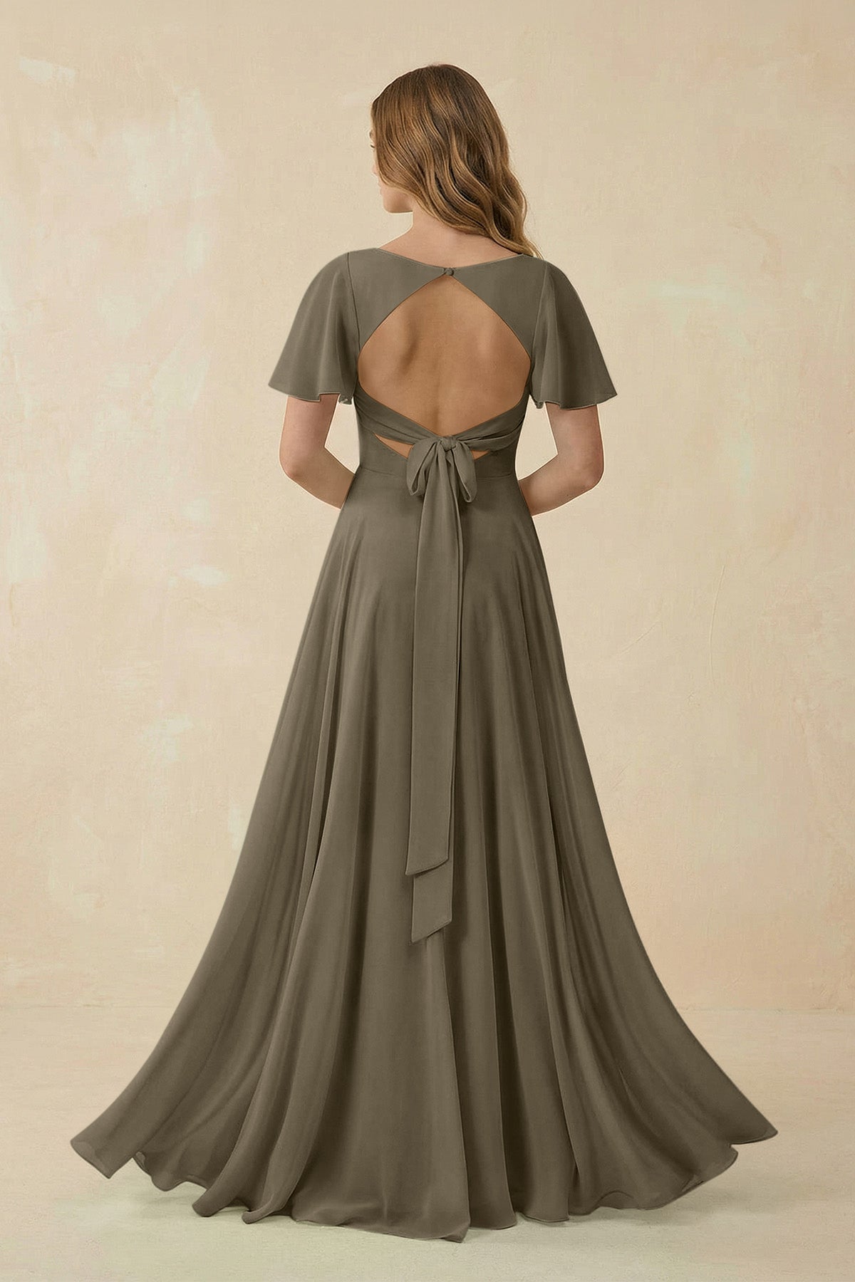 Flutter Sleeve V - Neck Chiffon A - Line Bridesmaid Dress in Willow Green - SHE IS ME Bridesmaid Dresses