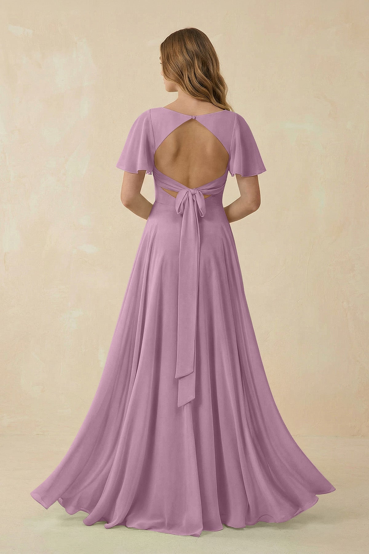 Flutter Sleeve V - Neck Chiffon A - Line Bridesmaid Dress in Wisteria - SHE IS ME Bridesmaid Dresses