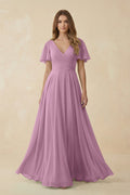Flutter Sleeve V - Neck Chiffon A - Line Bridesmaid Dress in Wisteria - SHE IS ME Bridesmaid Dresses
