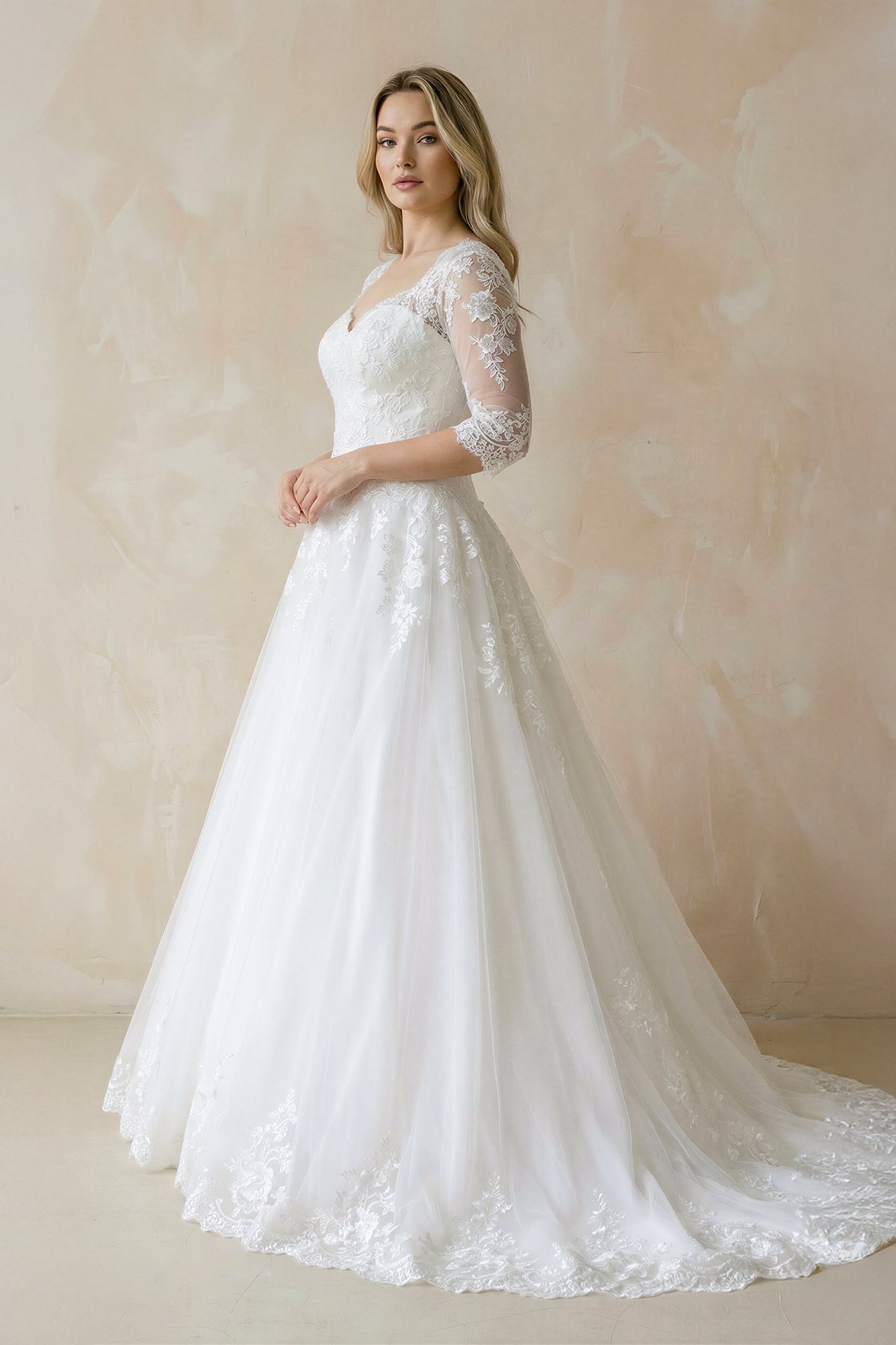 Half Sleeve Lace Ball Gown Wedding Dress with Appliques - SHE IS ME Wedding Dresses