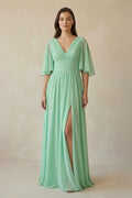 Half Sleeve V - Neck A - Line Chiffon Bridesmaid Gown - SHE IS ME Bridesmaid Dresses