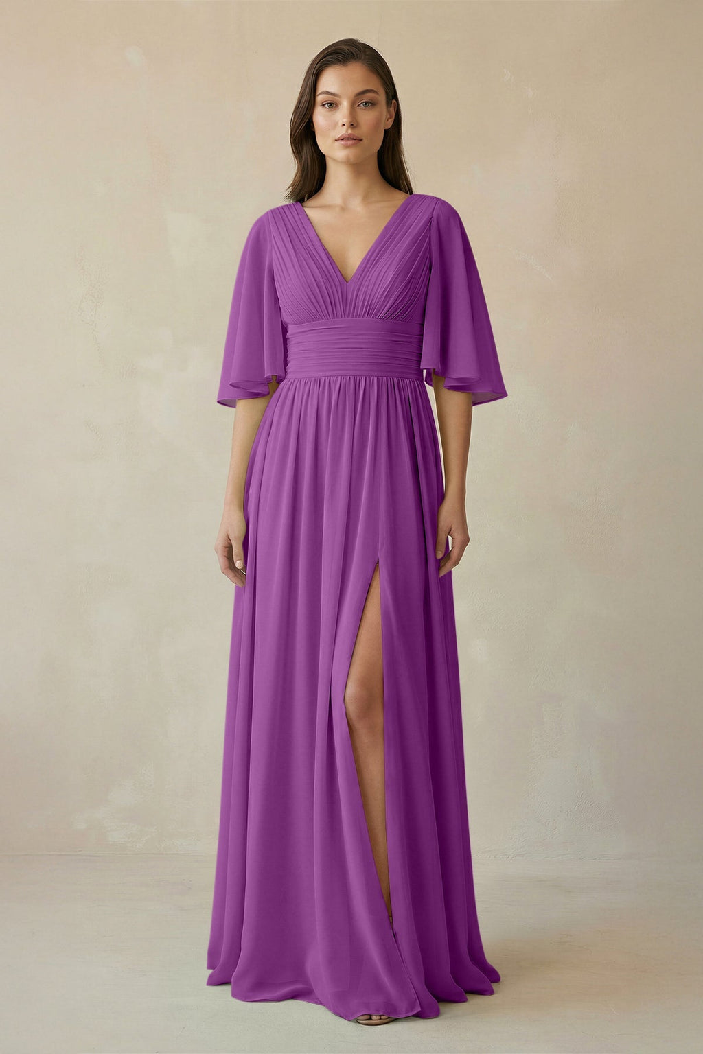 Half Sleeve V - Neck A - Line Chiffon Bridesmaid Gown in Amethyst - SHE IS ME Bridesmaid Dresses