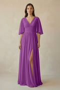 Half Sleeve V - Neck A - Line Chiffon Bridesmaid Gown in Amethyst - SHE IS ME Bridesmaid Dresses