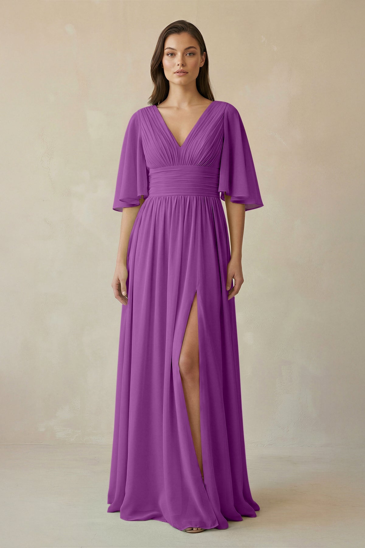 Half Sleeve V - Neck A - Line Chiffon Bridesmaid Gown in Amethyst - SHE IS ME Bridesmaid Dresses