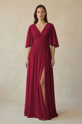 Half Sleeve V - Neck A - Line Chiffon Bridesmaid Gown in Berry - SHE IS ME Bridesmaid Dresses