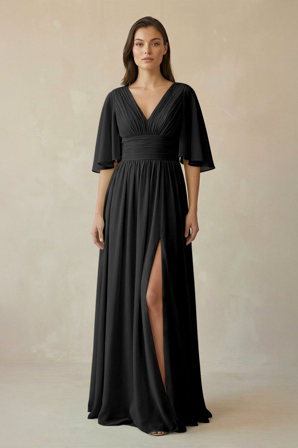 Half Sleeve V - Neck A - Line Chiffon Bridesmaid Gown in Black - SHE IS ME Bridesmaid Dresses
