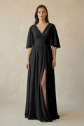 Half Sleeve V - Neck A - Line Chiffon Bridesmaid Gown in Black - SHE IS ME Bridesmaid Dresses