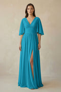 Half Sleeve V - Neck A - Line Chiffon Bridesmaid Gown in Blue Jay - SHE IS ME Bridesmaid Dresses