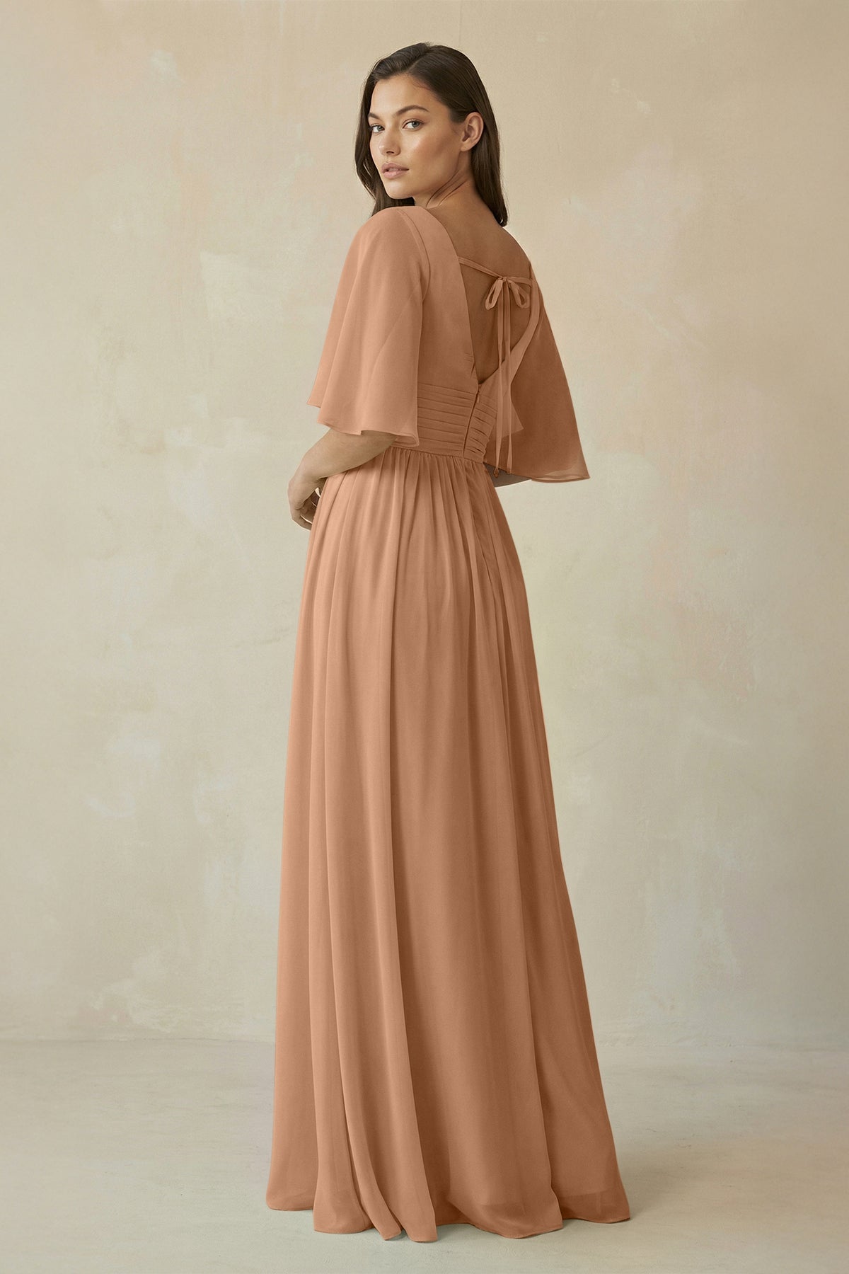 Half Sleeve V - Neck A - Line Chiffon Bridesmaid Gown in Bronzer - SHE IS ME Bridesmaid Dresses