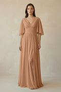 Half Sleeve V - Neck A - Line Chiffon Bridesmaid Gown in Bronzer - SHE IS ME Bridesmaid Dresses