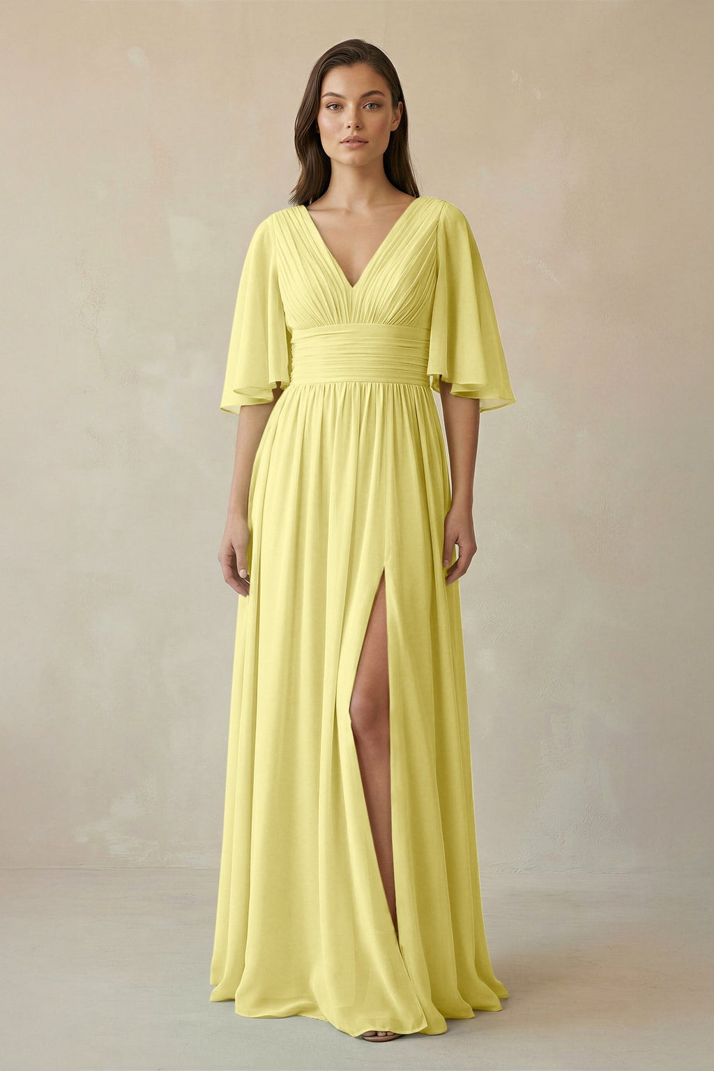 Half Sleeve V - Neck A - Line Chiffon Bridesmaid Gown in Buttercup - SHE IS ME Bridesmaid Dresses