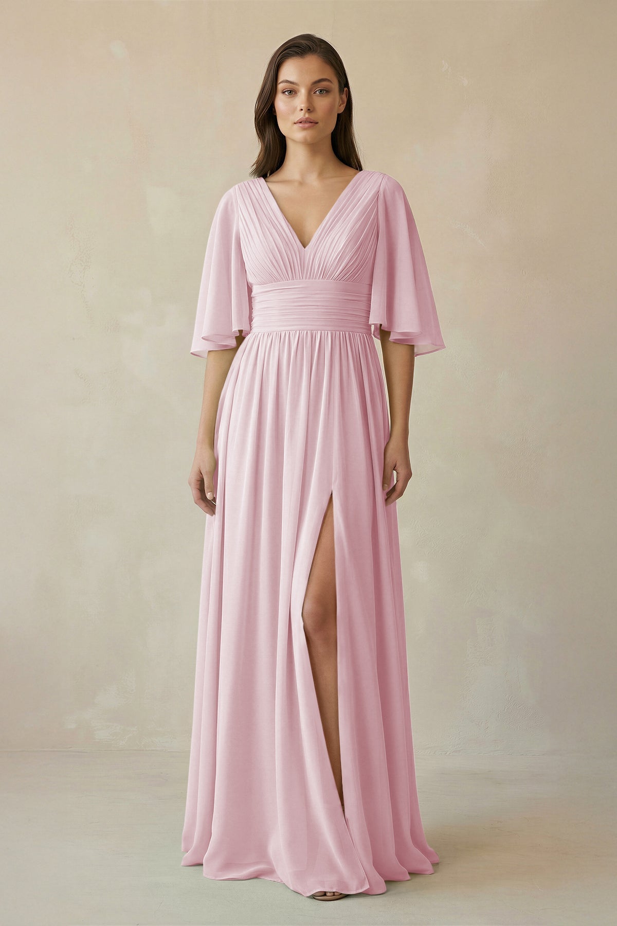 Half Sleeve V - Neck A - Line Chiffon Bridesmaid Gown in Candy Pink - SHE IS ME Bridesmaid Dresses