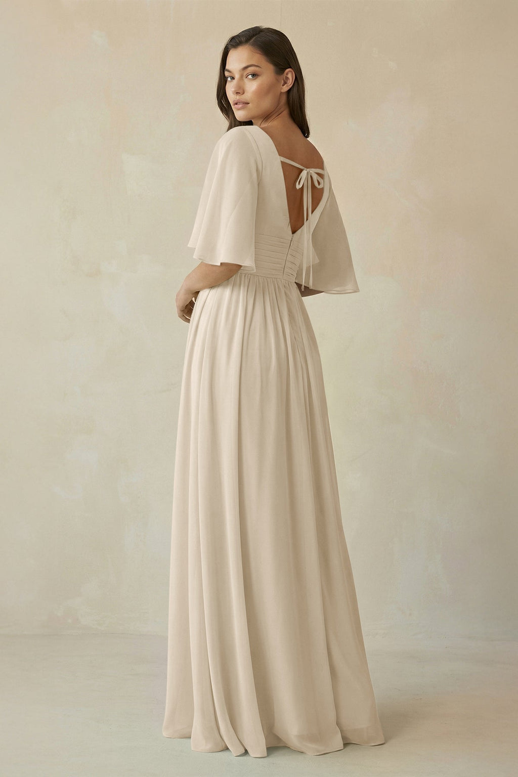 Half Sleeve V - Neck A - Line Chiffon Bridesmaid Gown in Champagne - SHE IS ME Bridesmaid Dresses
