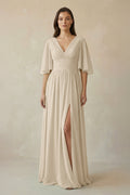 Half Sleeve V - Neck A - Line Chiffon Bridesmaid Gown in Champagne - SHE IS ME Bridesmaid Dresses