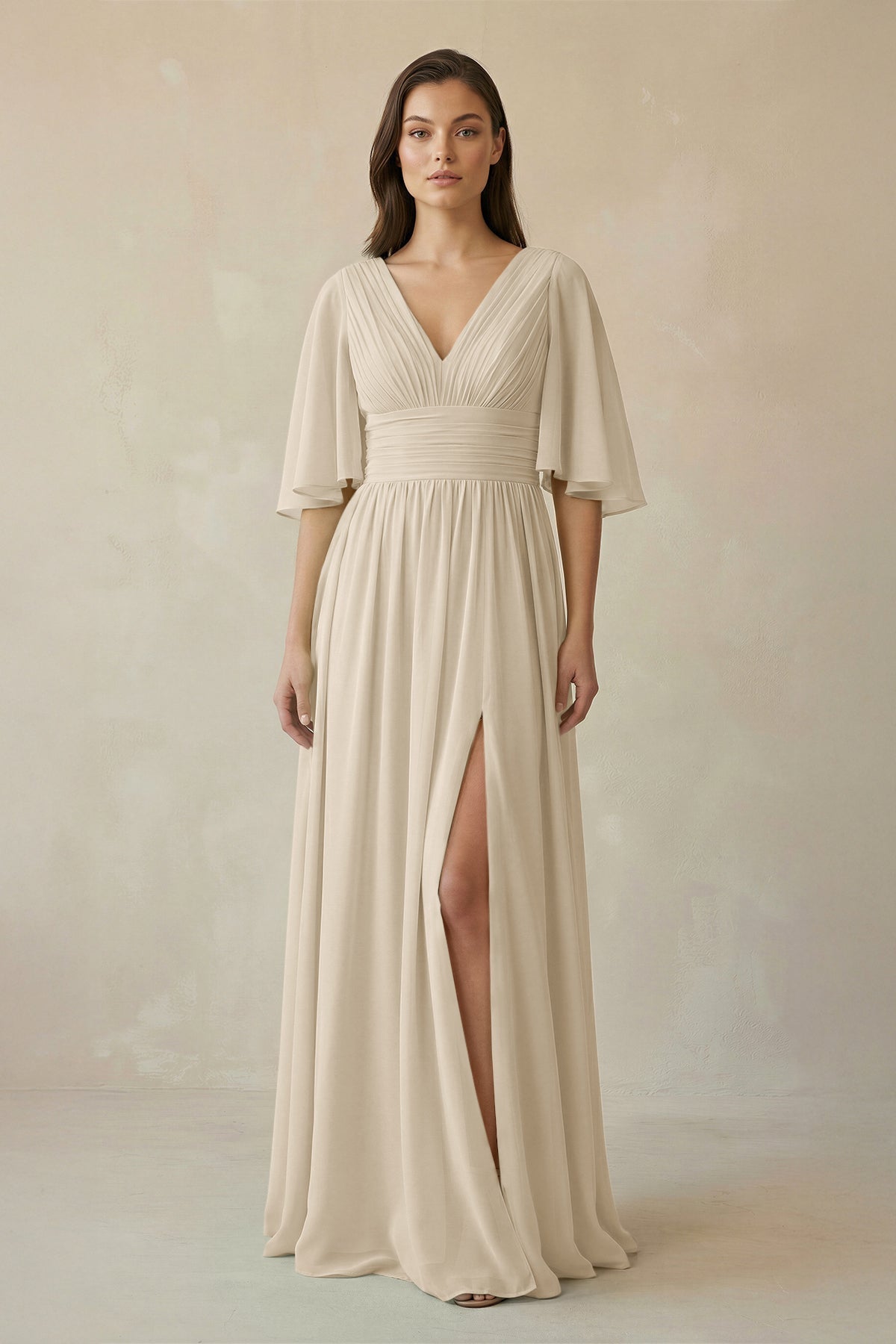 Half Sleeve V - Neck A - Line Chiffon Bridesmaid Gown in Champagne - SHE IS ME Bridesmaid Dresses