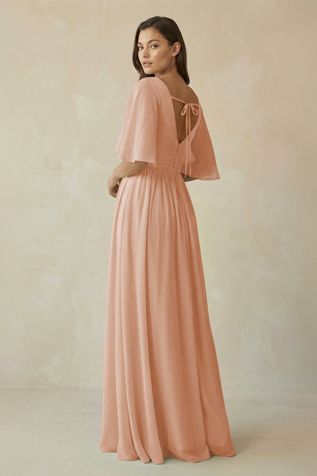 Half Sleeve V - Neck A - Line Chiffon Bridesmaid Gown in Champagne Rose - SHE IS ME Bridesmaid Dresses
