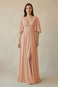 Half Sleeve V - Neck A - Line Chiffon Bridesmaid Gown in Champagne Rose - SHE IS ME Bridesmaid Dresses