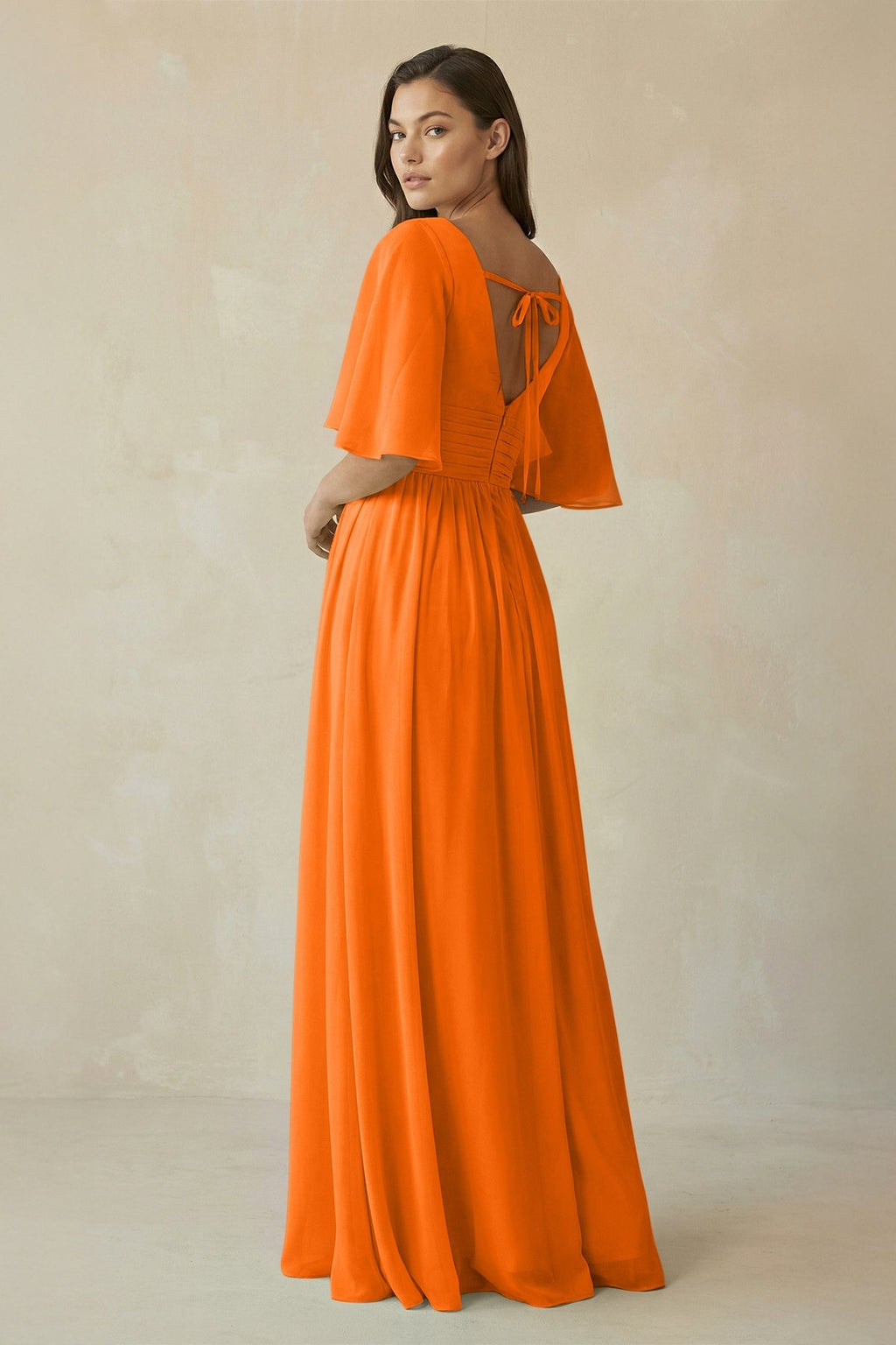 Half Sleeve V - Neck A - Line Chiffon Bridesmaid Gown in Cinnamon - SHE IS ME Bridesmaid Dresses
