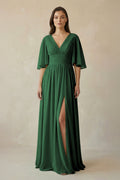 Half Sleeve V - Neck A - Line Chiffon Bridesmaid Gown in Dark Green - SHE IS ME Bridesmaid Dresses