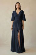 Half Sleeve V - Neck A - Line Chiffon Bridesmaid Gown in Dark Navy - SHE IS ME Bridesmaid Dresses