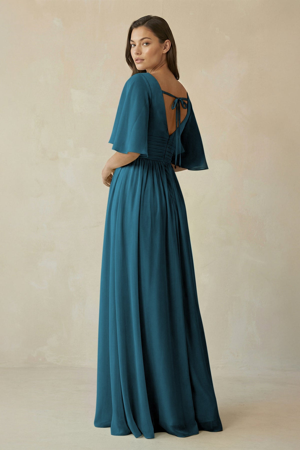 Half Sleeve V - Neck A - Line Chiffon Bridesmaid Gown in Dark Teal - SHE IS ME Bridesmaid Dresses