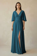 Half Sleeve V - Neck A - Line Chiffon Bridesmaid Gown in Dark Teal - SHE IS ME Bridesmaid Dresses