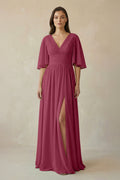 Half Sleeve V - Neck A - Line Chiffon Bridesmaid Gown in Desert Rose - SHE IS ME Bridesmaid Dresses