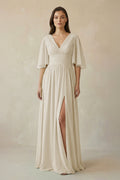 Half Sleeve V - Neck A - Line Chiffon Bridesmaid Gown in Dove Gray - SHE IS ME Bridesmaid Dresses
