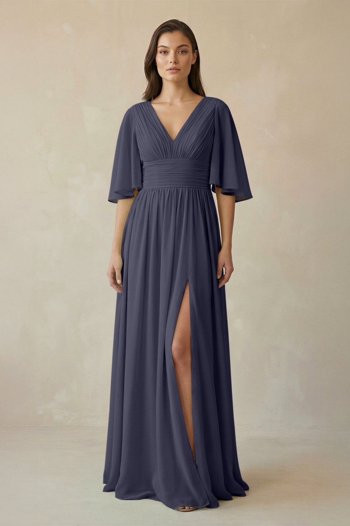 Half Sleeve V - Neck A - Line Chiffon Bridesmaid Gown in Dusk Blue - SHE IS ME Bridesmaid Dresses