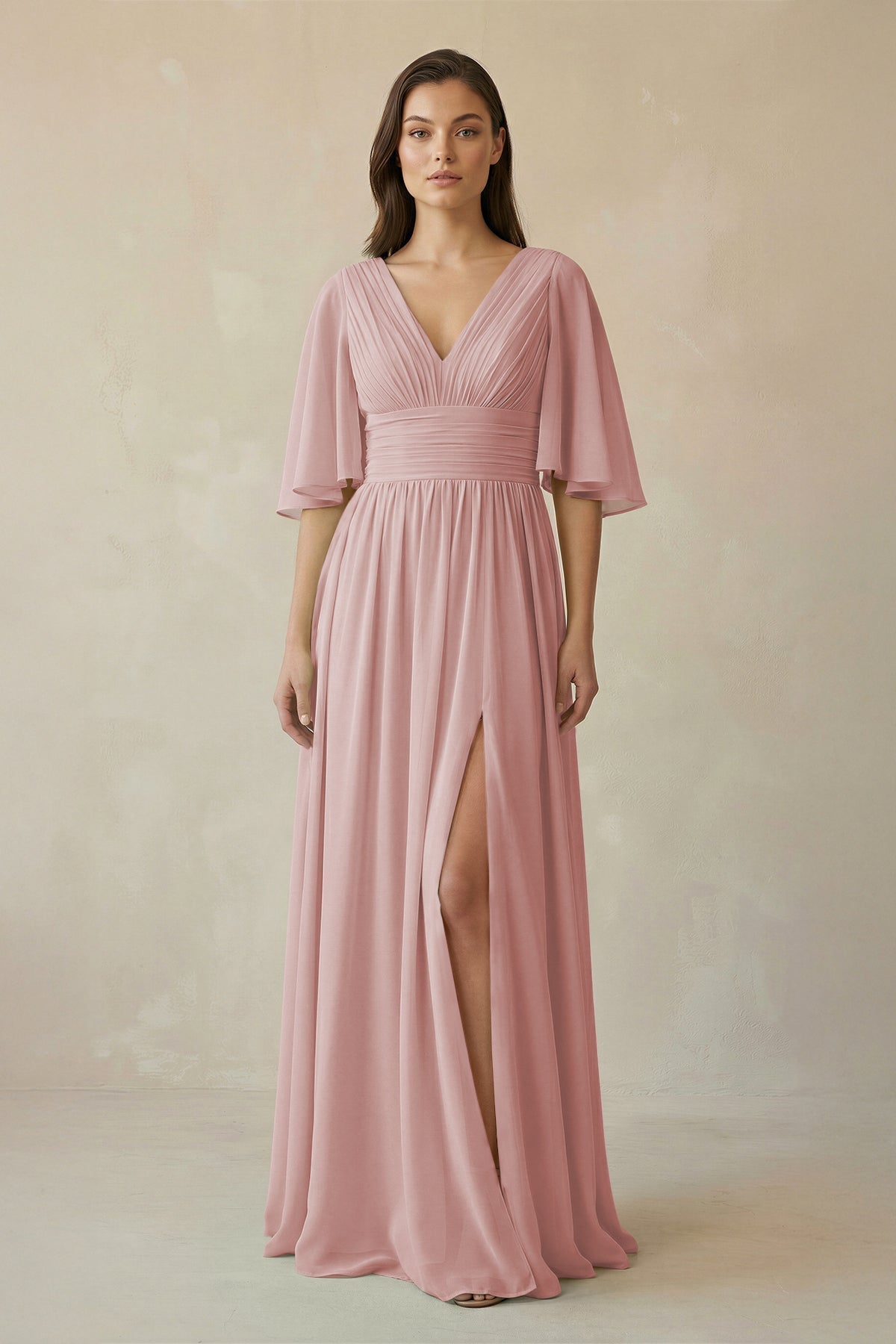 Half Sleeve V - Neck A - Line Chiffon Bridesmaid Gown in Dusty Rose - SHE IS ME Bridesmaid Dresses