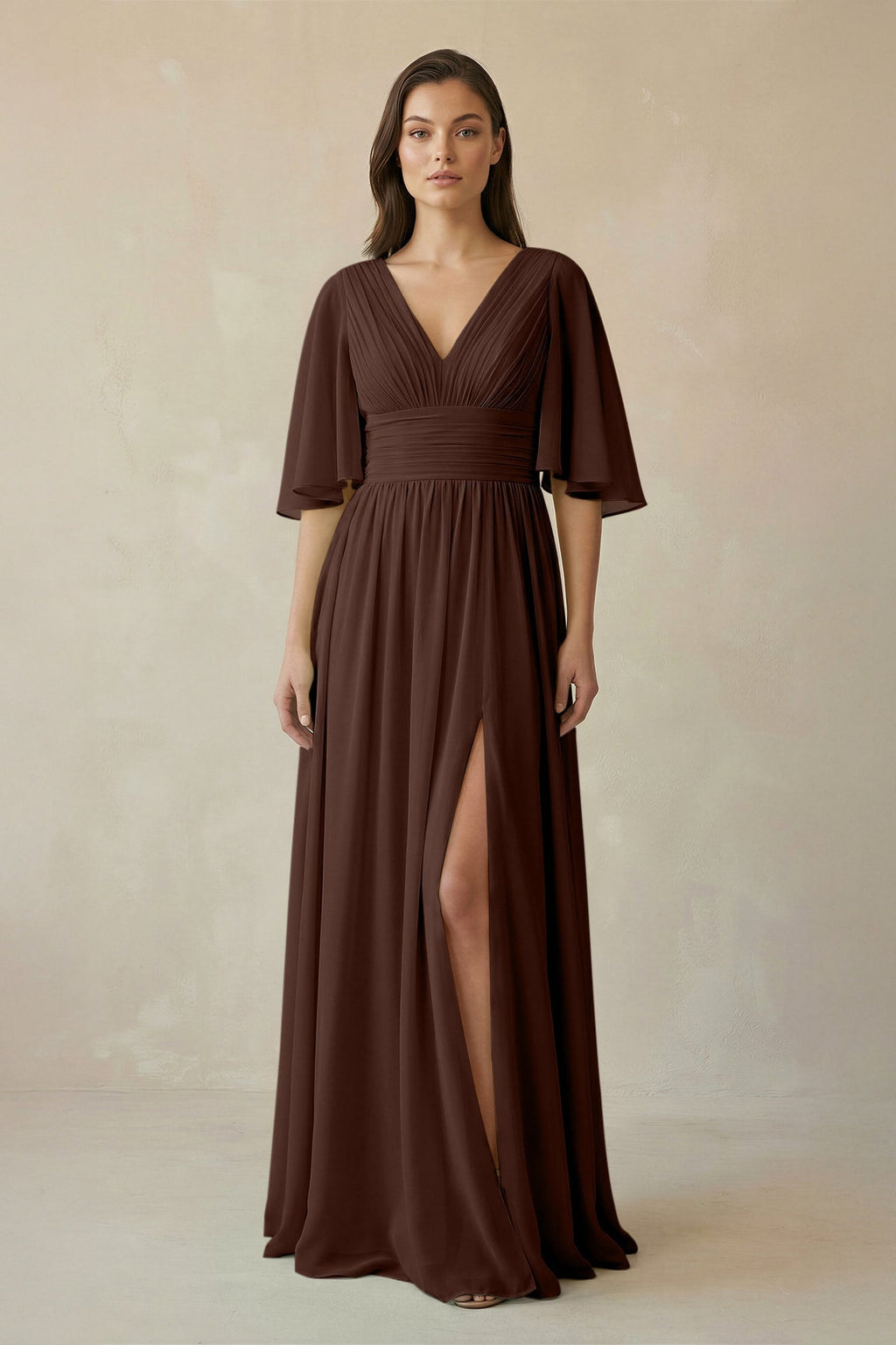 Half Sleeve V - Neck A - Line Chiffon Bridesmaid Gown in Espresso - SHE IS ME Bridesmaid Dresses