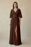 Half Sleeve V - Neck A - Line Chiffon Bridesmaid Gown in Espresso - SHE IS ME Bridesmaid Dresses