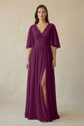 Half Sleeve V - Neck A - Line Chiffon Bridesmaid Gown in Fig - SHE IS ME Bridesmaid Dresses