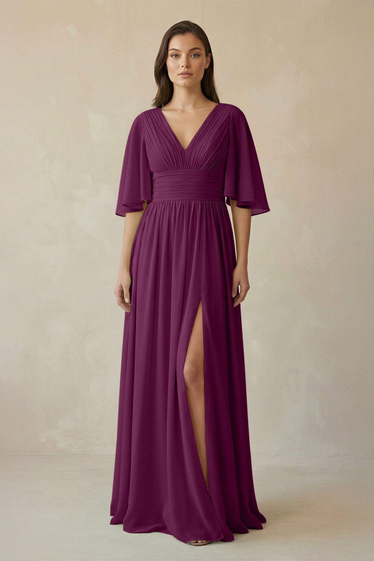 Half Sleeve V - Neck A - Line Chiffon Bridesmaid Gown in Fig - SHE IS ME Bridesmaid Dresses