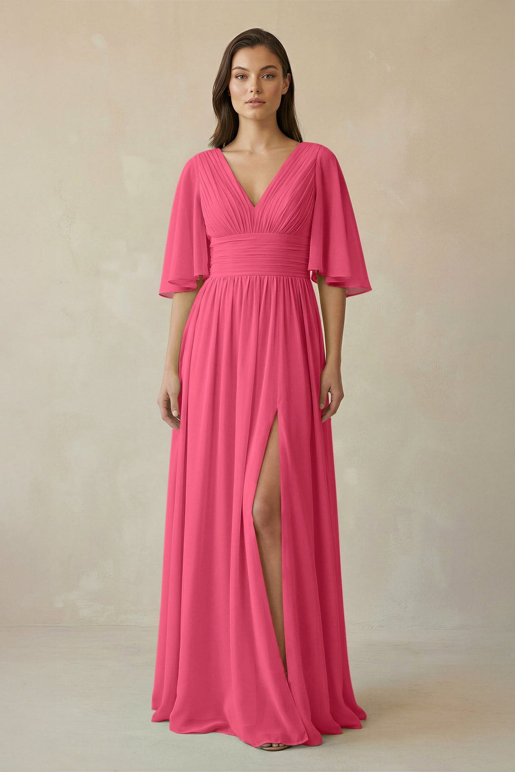 Half Sleeve V - Neck A - Line Chiffon Bridesmaid Gown in Fuchsia - SHE IS ME Bridesmaid Dresses