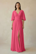 Half Sleeve V - Neck A - Line Chiffon Bridesmaid Gown in Fuchsia - SHE IS ME Bridesmaid Dresses